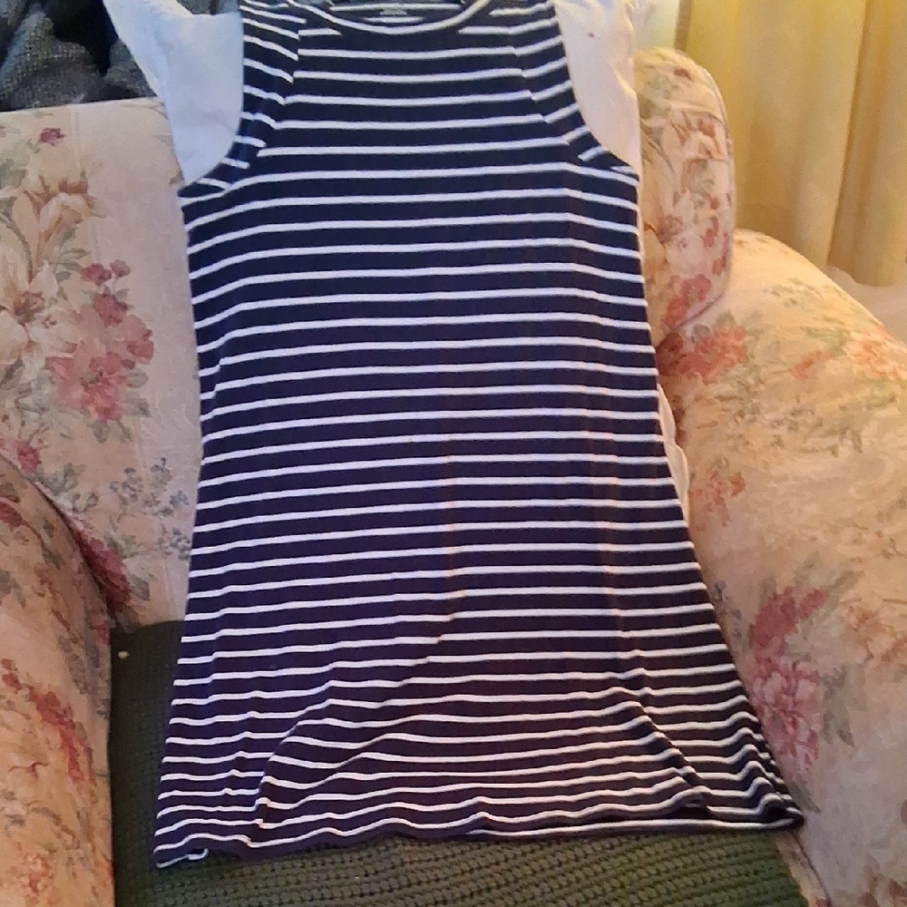 august silk Navy and White Striped Midi Dress